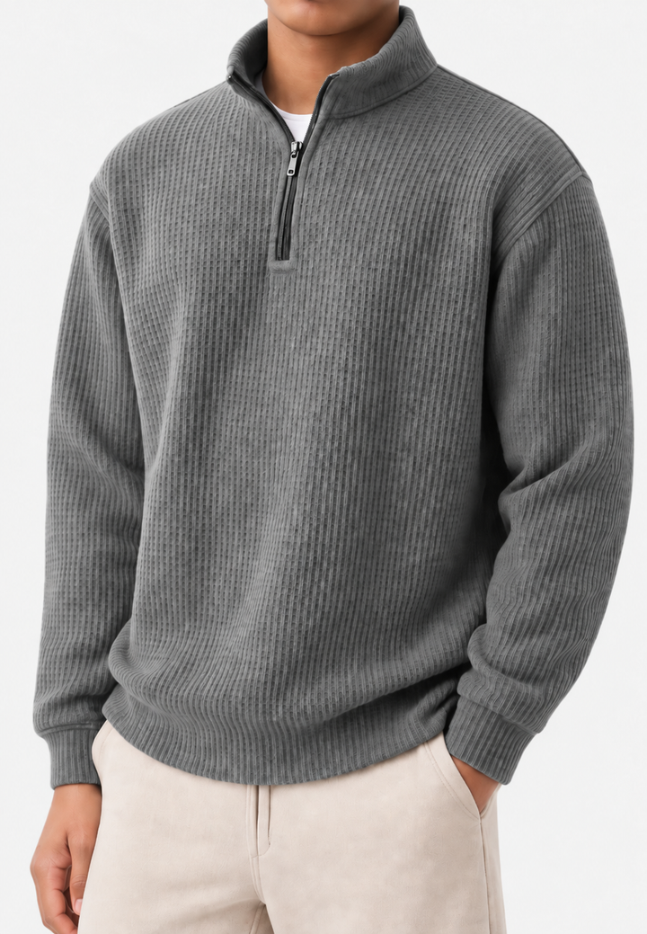 Herrenpullover mit halbem Reißverschluss, Stehkragen und Rippstrick – Elio