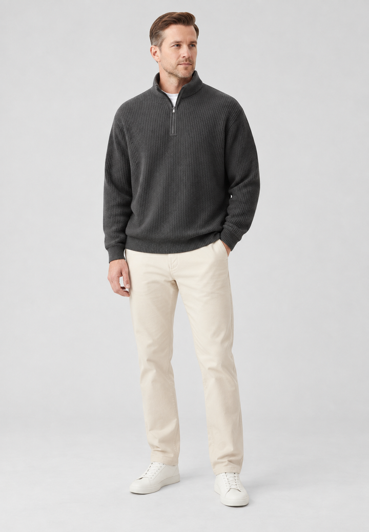 Herrenpullover mit halbem Reißverschluss, Stehkragen und Rippstrick – Elio