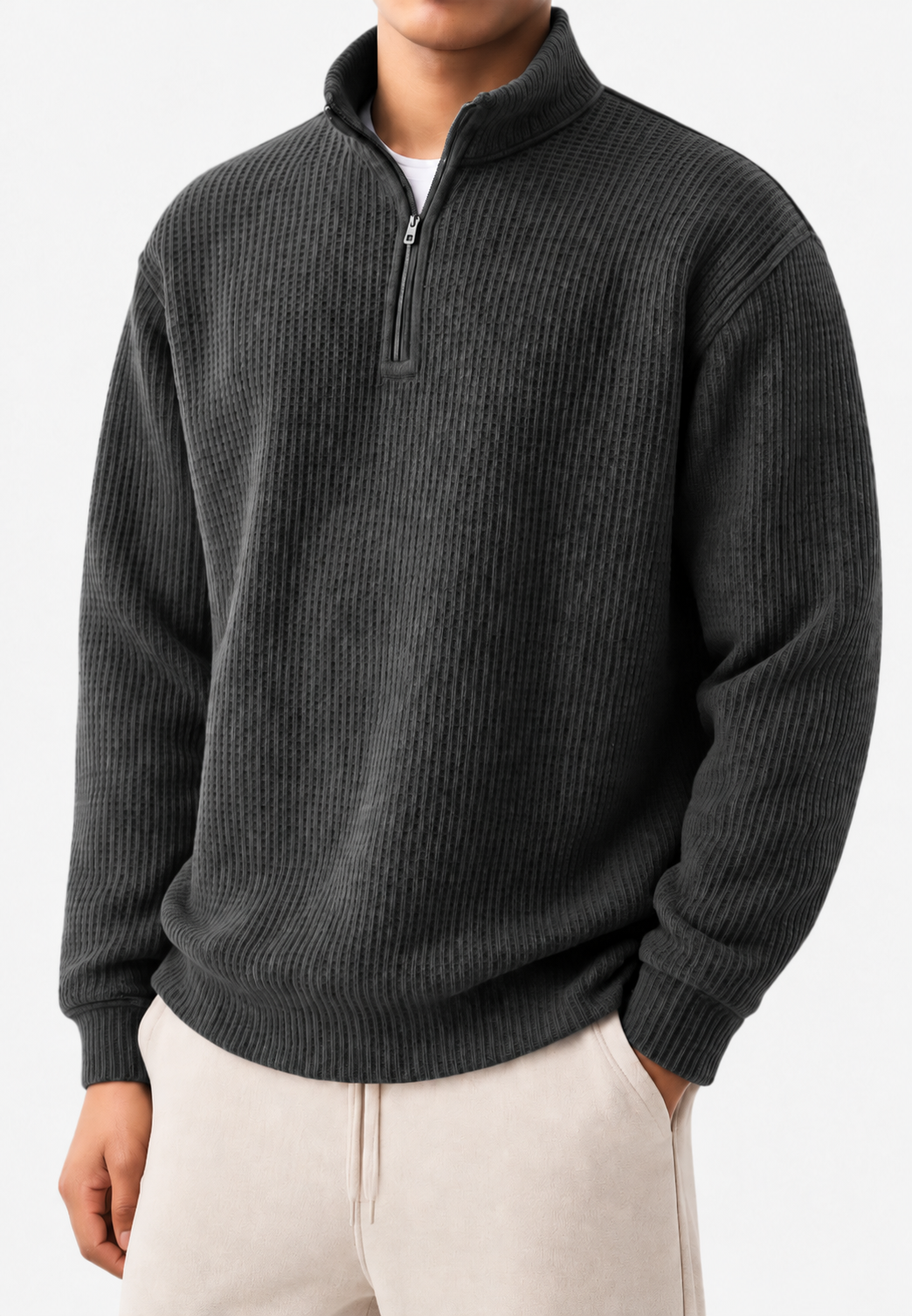 Herrenpullover mit halbem Reißverschluss, Stehkragen und Rippstrick – Elio