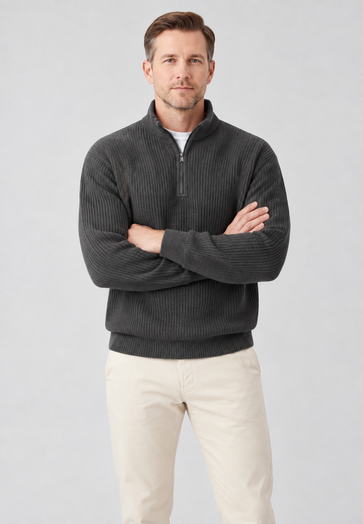 Herrenpullover mit halbem Reißverschluss, Stehkragen und Rippstrick – Elio