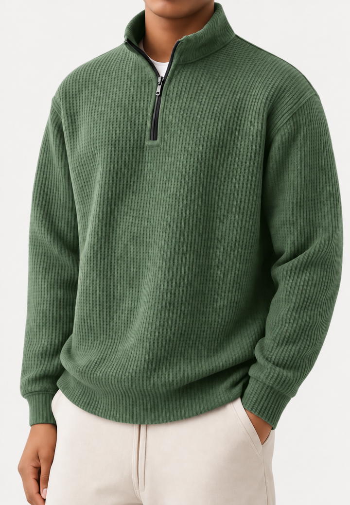 Herrenpullover mit halbem Reißverschluss, Stehkragen und Rippstrick – Elio