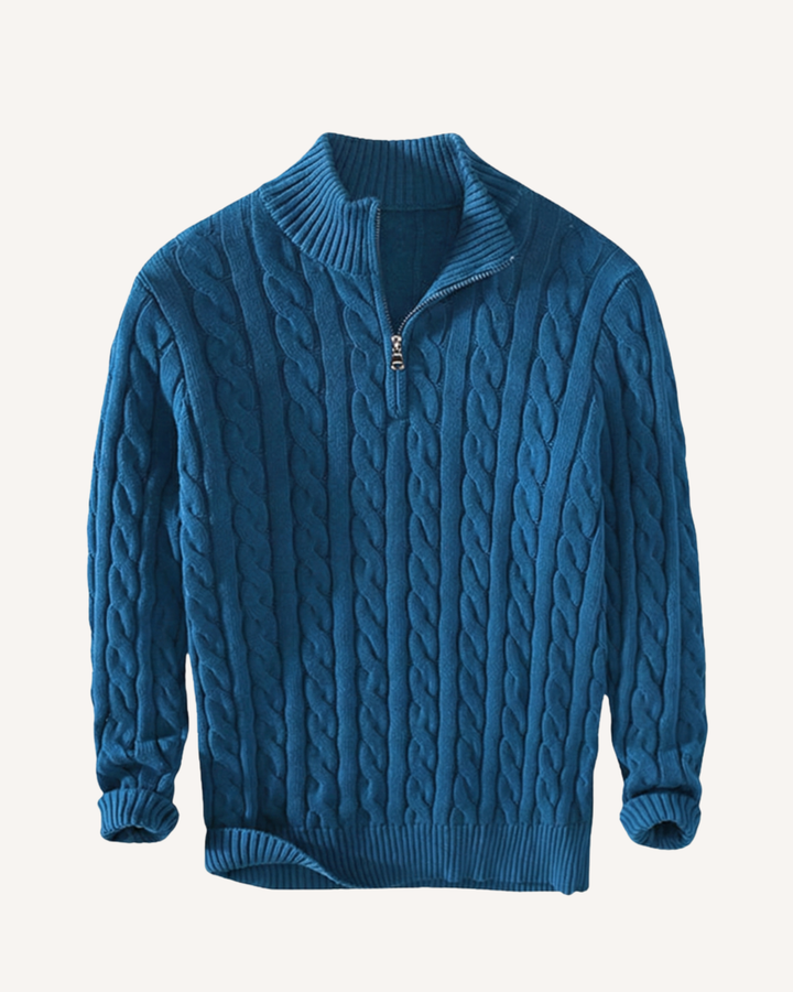 Herrenpullover mit halbem Reißverschluss, Stehkragen und Zopfmuster – Moritz