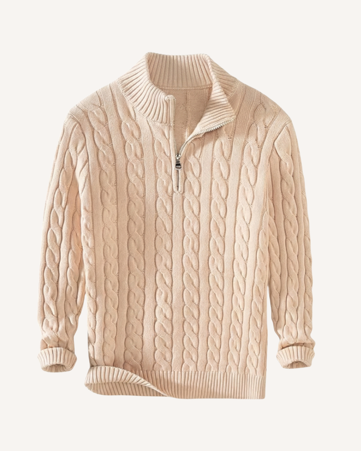 Herrenpullover mit halbem Reißverschluss, Stehkragen und Zopfmuster – Moritz