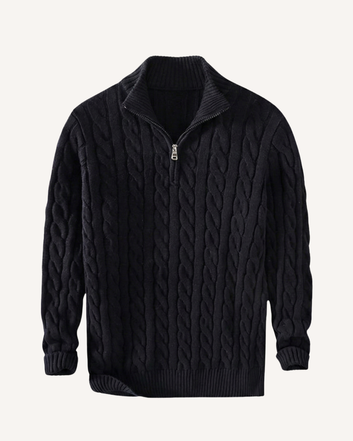 Herrenpullover mit halbem Reißverschluss, Stehkragen und Zopfmuster – Moritz
