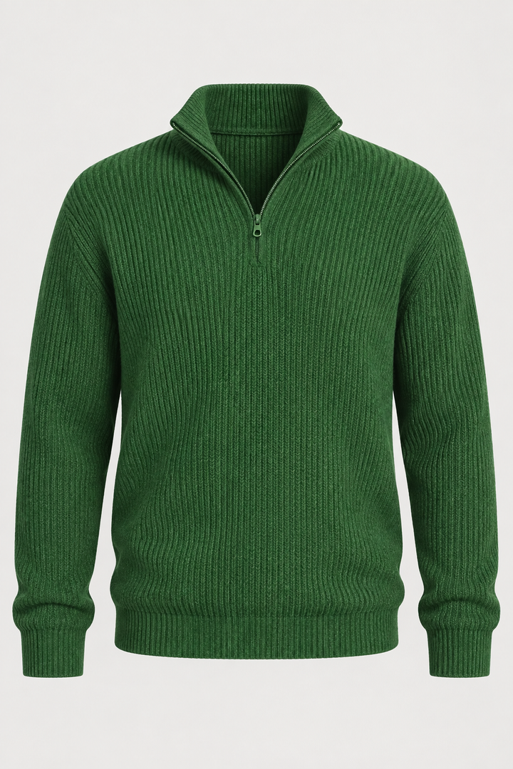 Herrenpullover mit halbem Reißverschluss, Rippstrick und hohem Kragen – Stellan