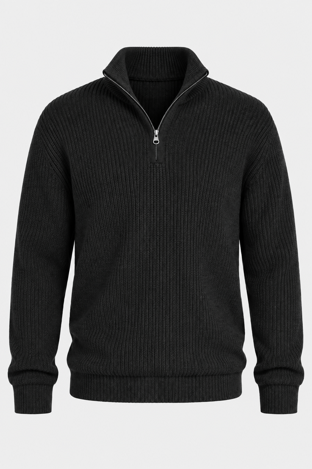 Herrenpullover mit halbem Reißverschluss, Rippstrick und hohem Kragen – Stellan