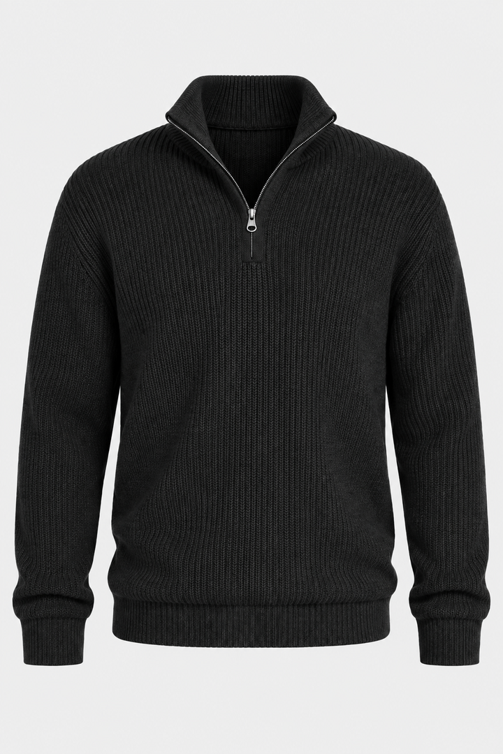 Herrenpullover mit halbem Reißverschluss, Rippstrick und hohem Kragen – Stellan