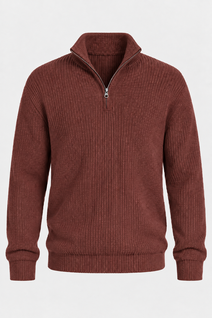 Herrenpullover mit halbem Reißverschluss, Rippstrick und hohem Kragen – Stellan