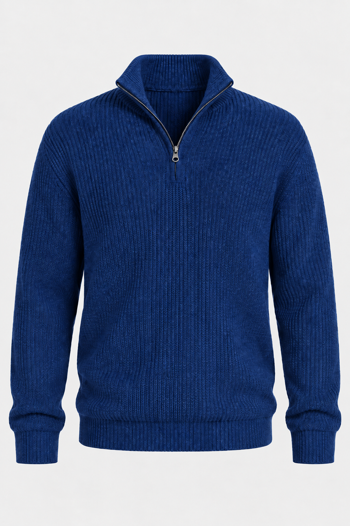 Herrenpullover mit halbem Reißverschluss, Rippstrick und hohem Kragen – Stellan
