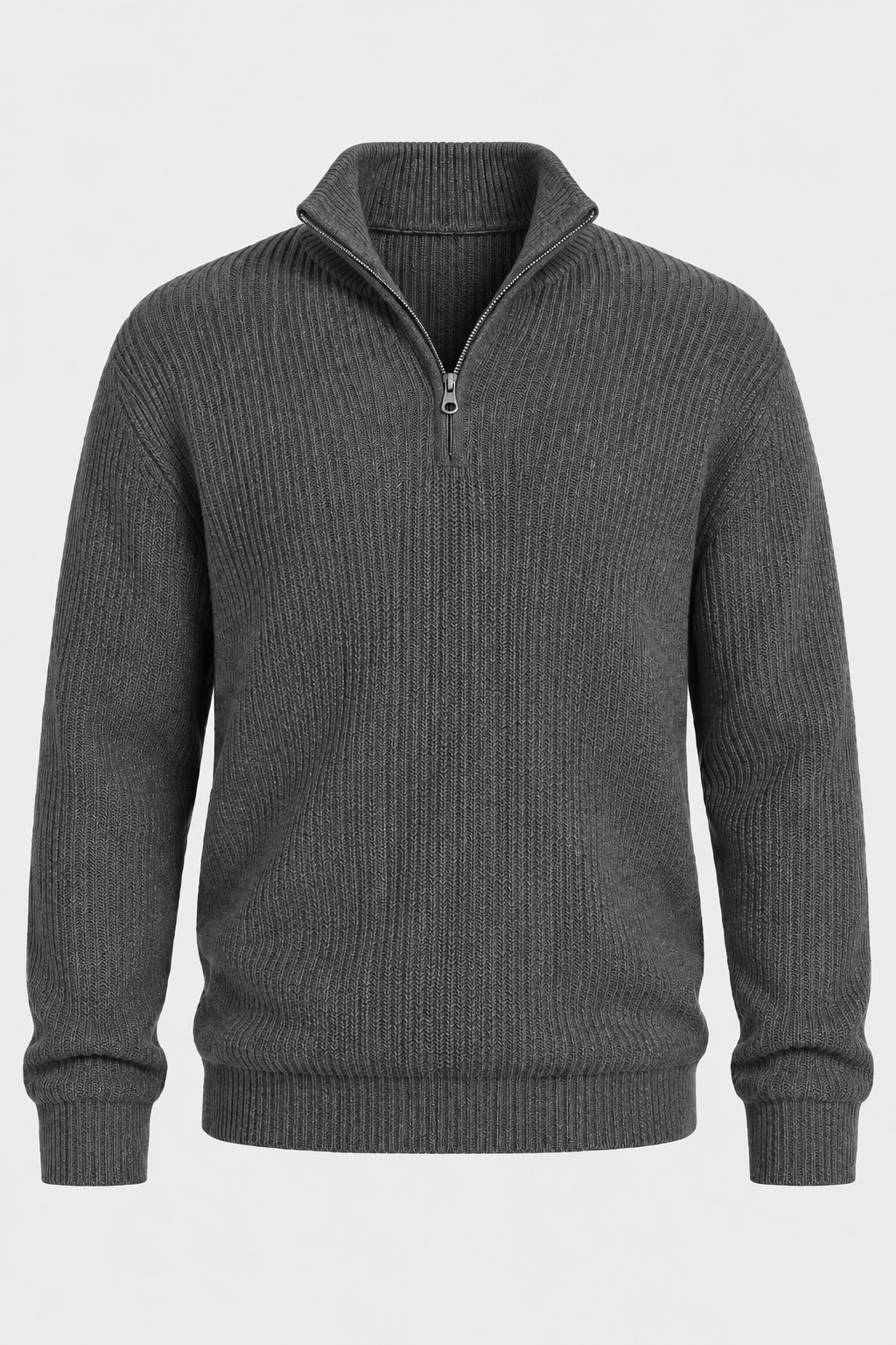 Herrenpullover mit halbem Reißverschluss, Rippstrick und hohem Kragen – Stellan