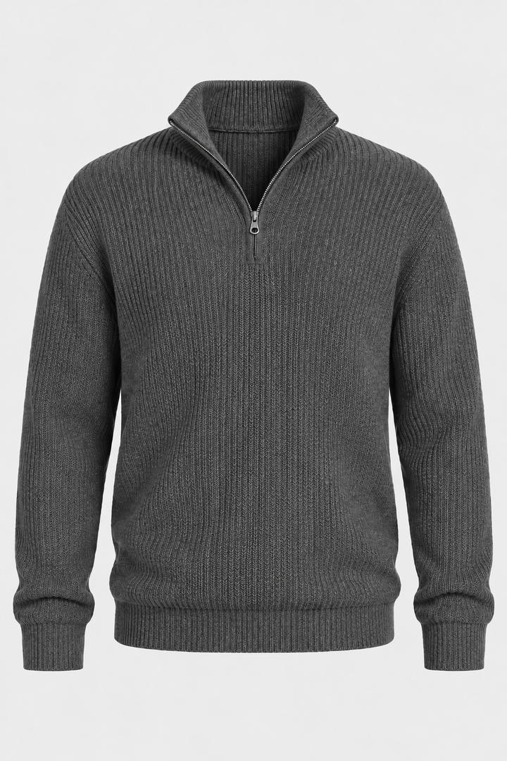 Herrenpullover mit halbem Reißverschluss, Rippstrick und hohem Kragen – Stellan