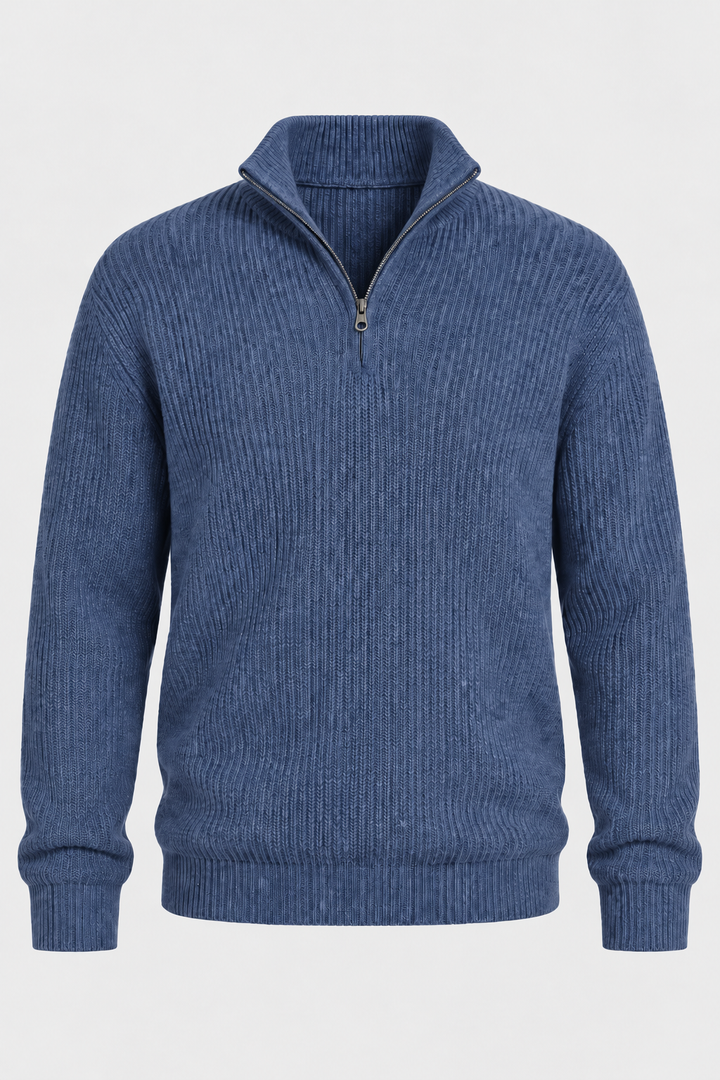 Herrenpullover mit halbem Reißverschluss, Rippstrick und hohem Kragen – Stellan