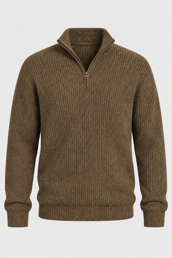 Herrenpullover mit halbem Reißverschluss, Rippstrick und hohem Kragen – Stellan
