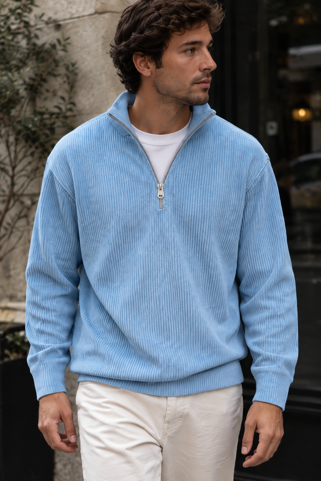 Herrenpullover mit halbem Reißverschluss und gerippter Struktur – Leander