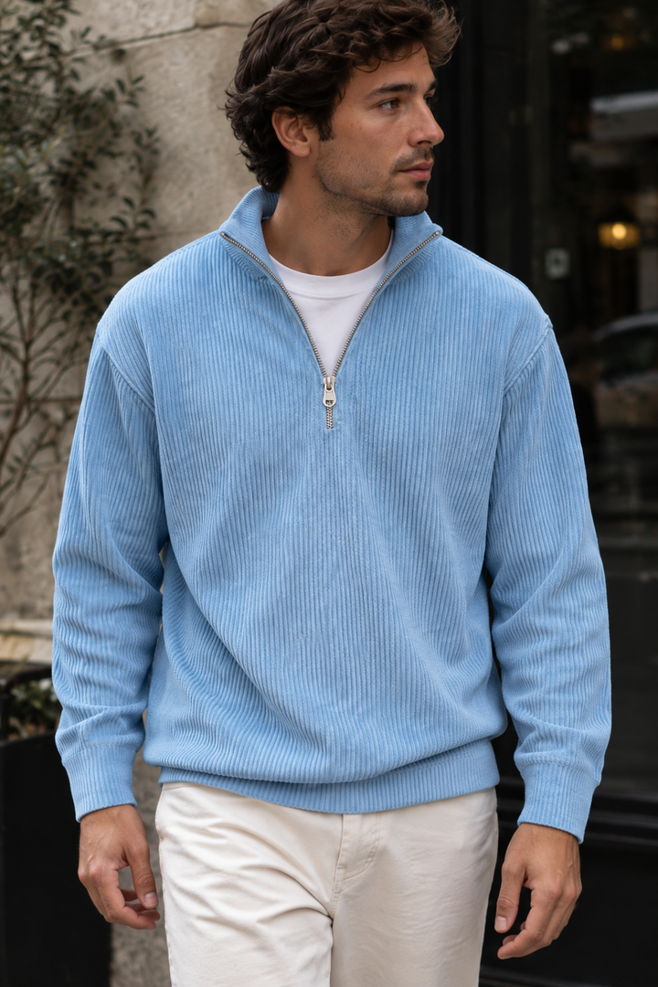 Herrenpullover mit halbem Reißverschluss und gerippter Struktur – Leander