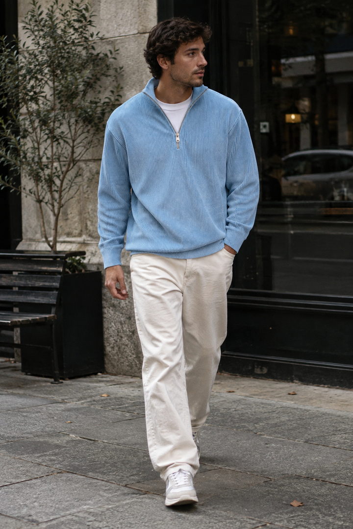 Herrenpullover mit halbem Reißverschluss und gerippter Struktur – Leander