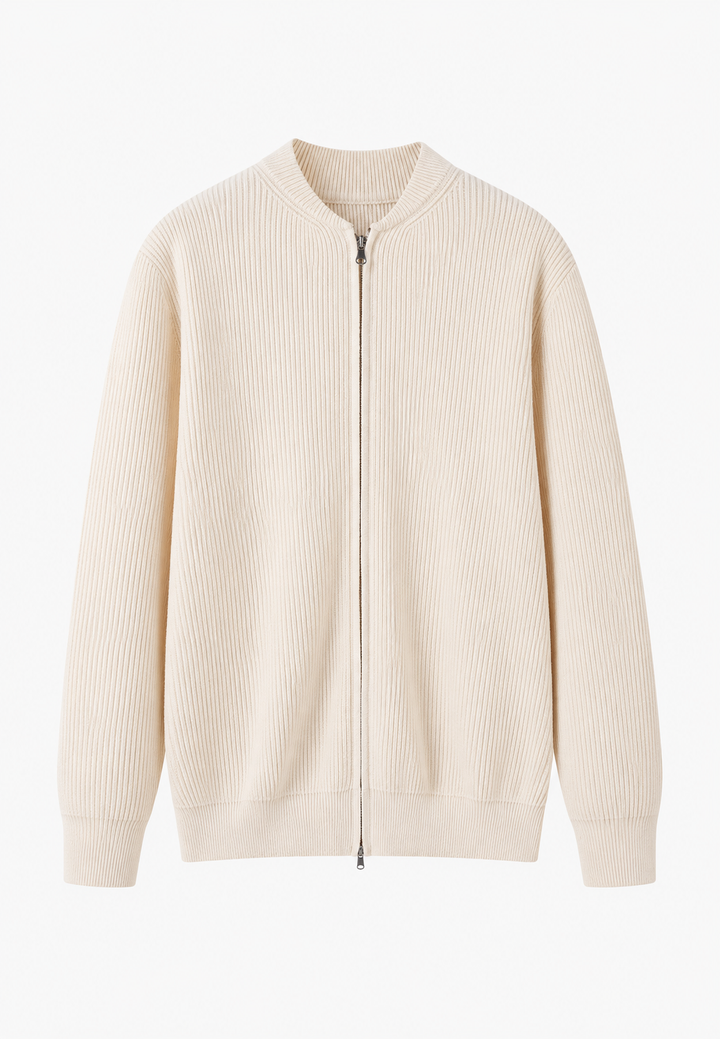 Herrenpullover mit Rippenstrick, hohem Kragen und halbem Reißverschluss – Blaise