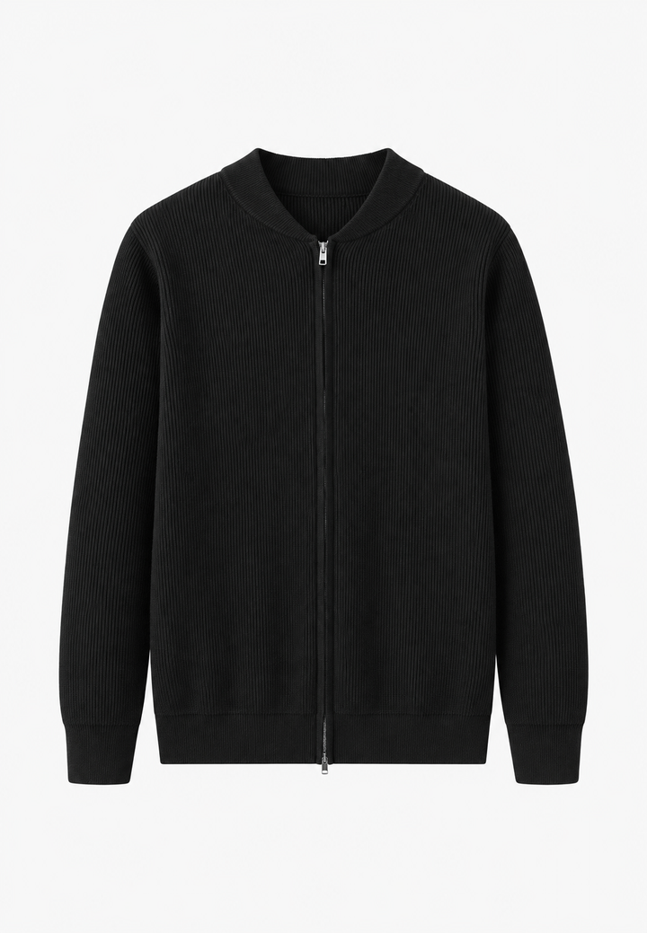 Herrenpullover mit Rippenstrick, hohem Kragen und halbem Reißverschluss – Blaise