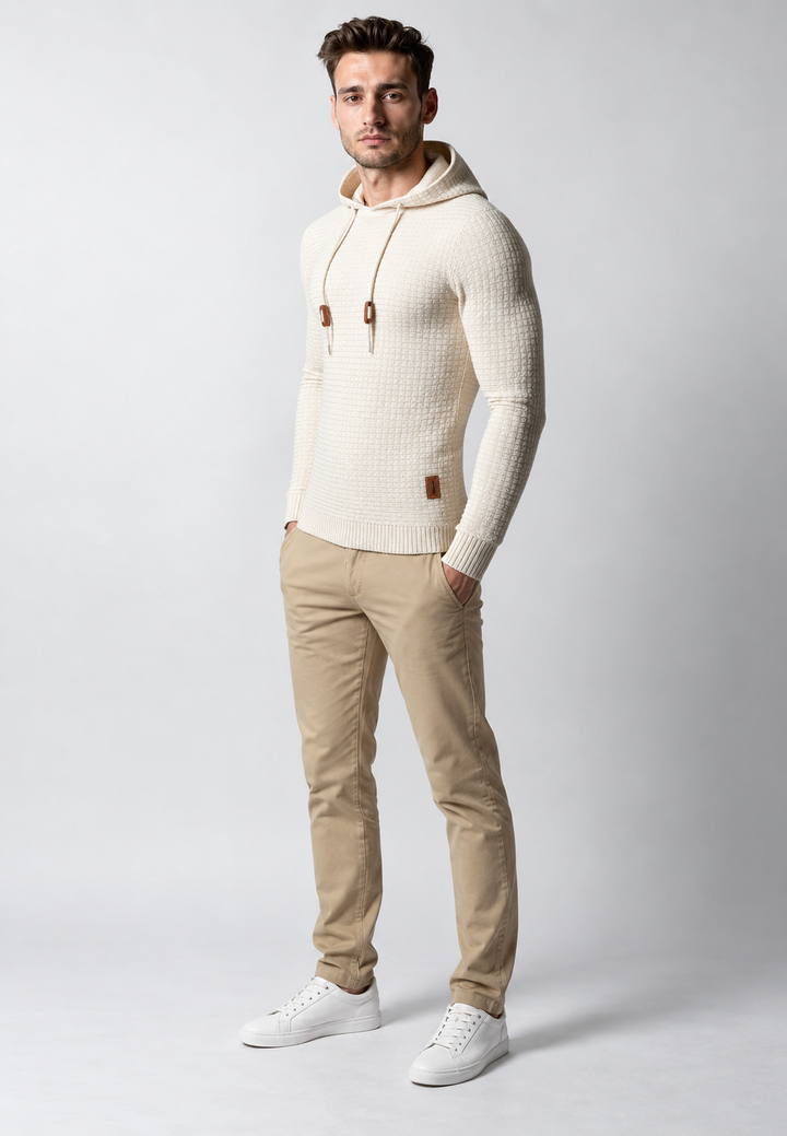 Herrenpullover mit strukturiertem Strickmuster und verstellbarer Kapuze - Ciro
