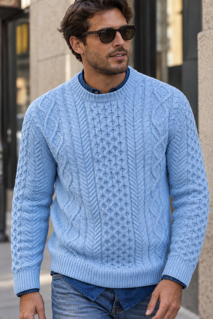 Herrenpullover mit Zopfmuster, Rundhalsausschnitt und langen Ärmeln – Bastien