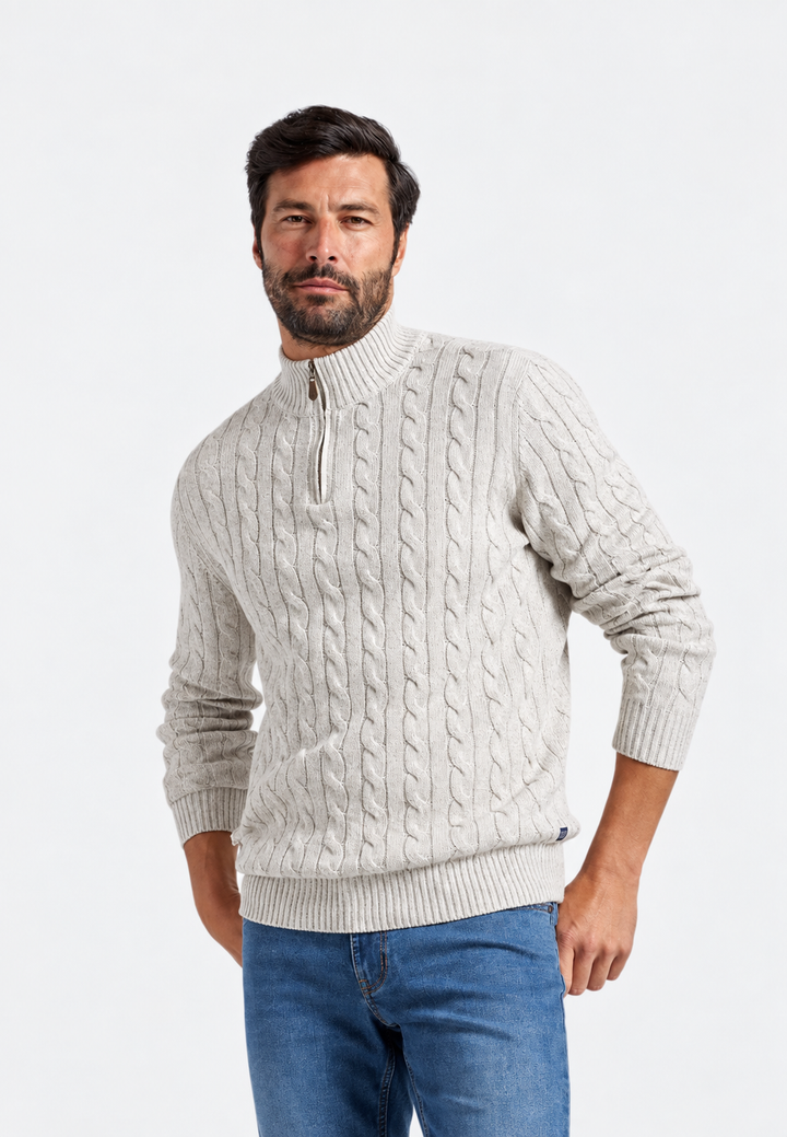 Strickpullover mit Zopfmuster und halbem Reißverschluss – Anselme