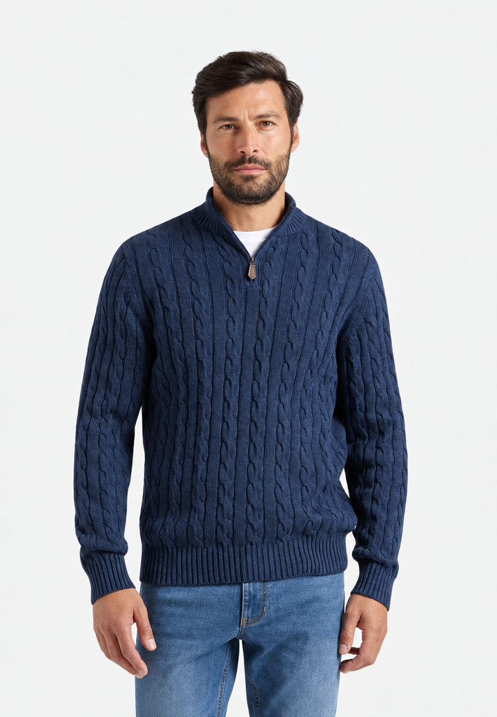Strickpullover mit Zopfmuster und halbem Reißverschluss – Anselme