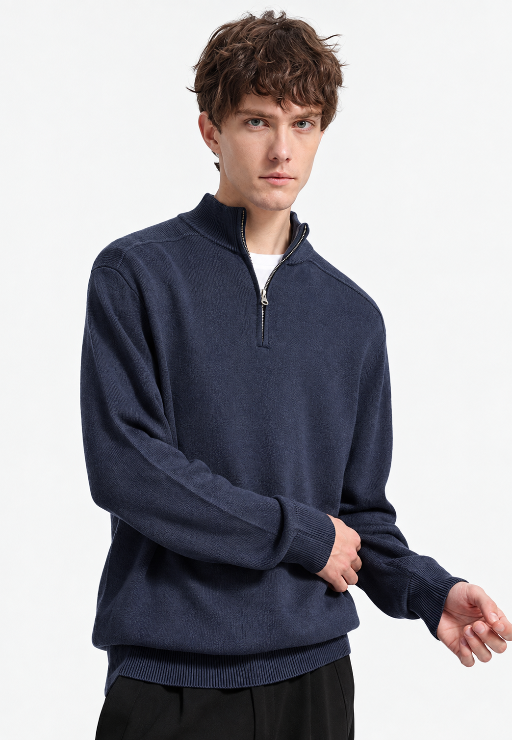 Herrenpullover aus Merinowolle mit halbem Reißverschluss und Stehkragen – Florent