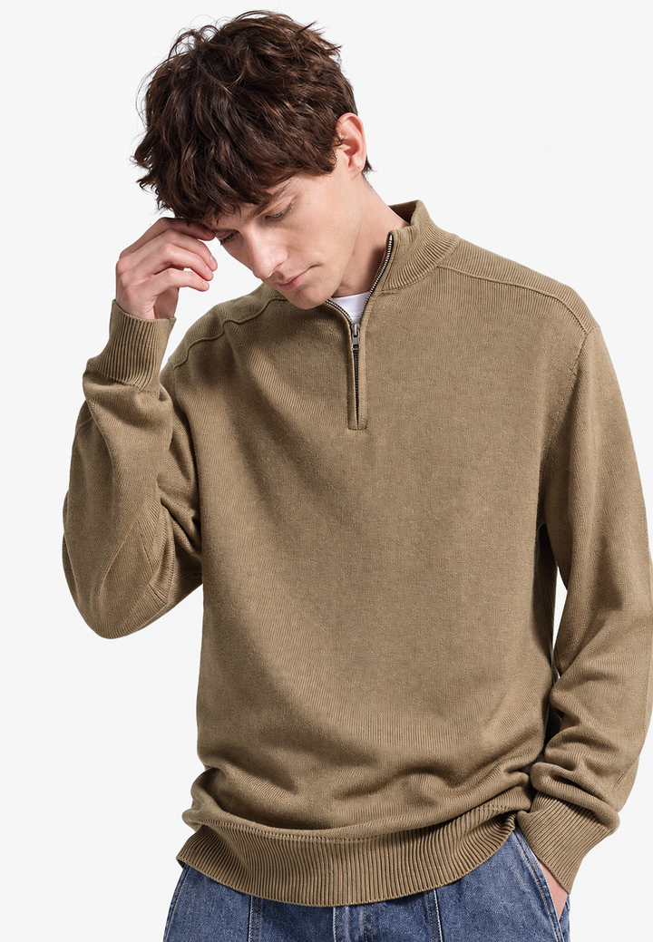 Herrenpullover aus Merinowolle mit halbem Reißverschluss und Stehkragen – Florent