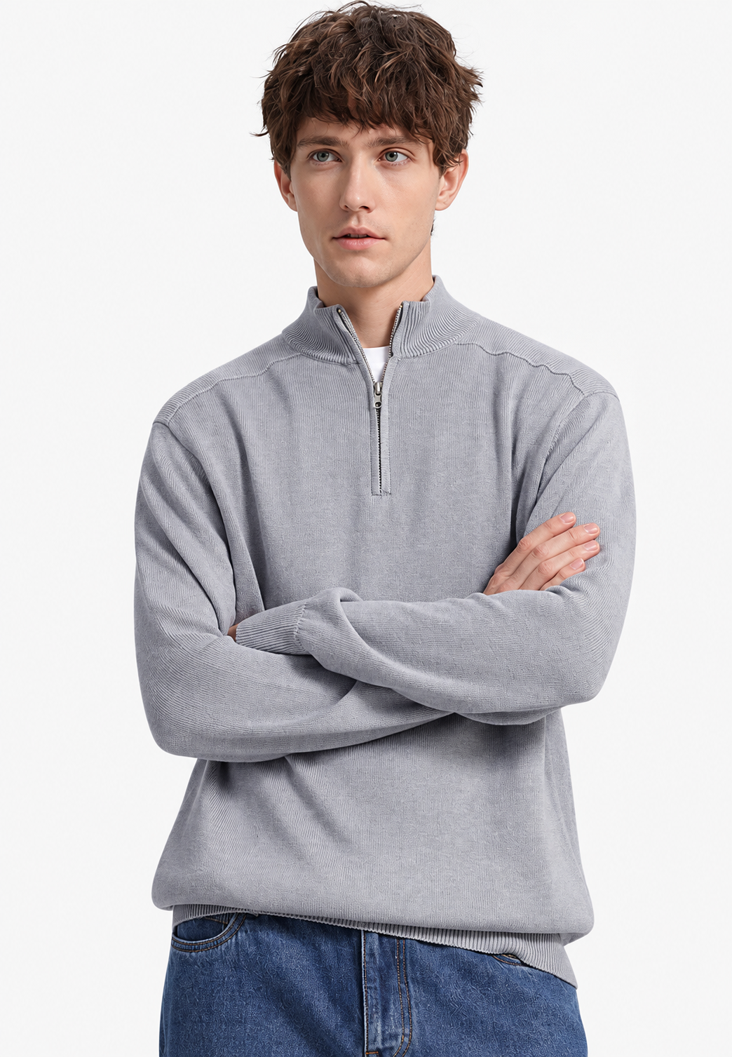 Herrenpullover aus Merinowolle mit halbem Reißverschluss und Stehkragen – Florent