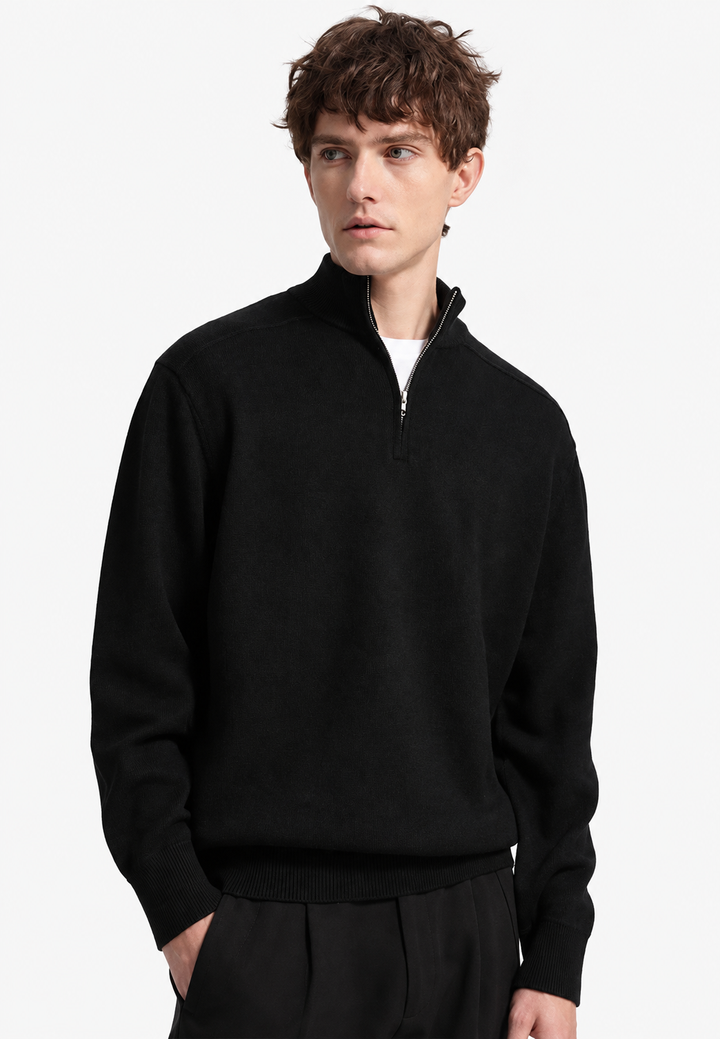 Herrenpullover aus Merinowolle mit halbem Reißverschluss und Stehkragen – Florent