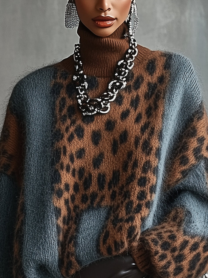 Oversize-Damenpullover mit Rollkragen und Leopardenmuster – Linnea