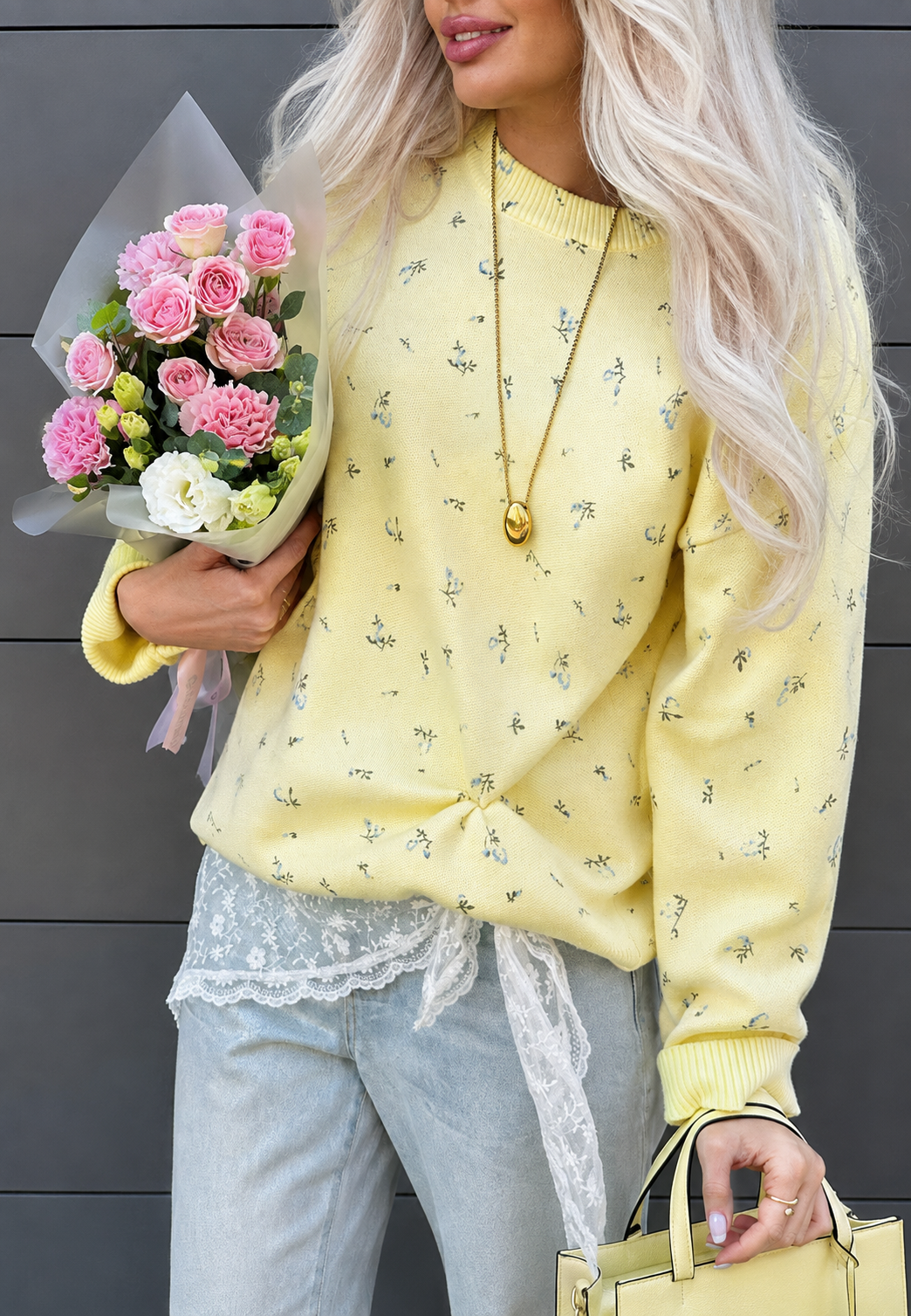 Oversize-Damenpullover mit Blumenmuster, Rundhalsausschnitt und langen Ärmeln – Anouk