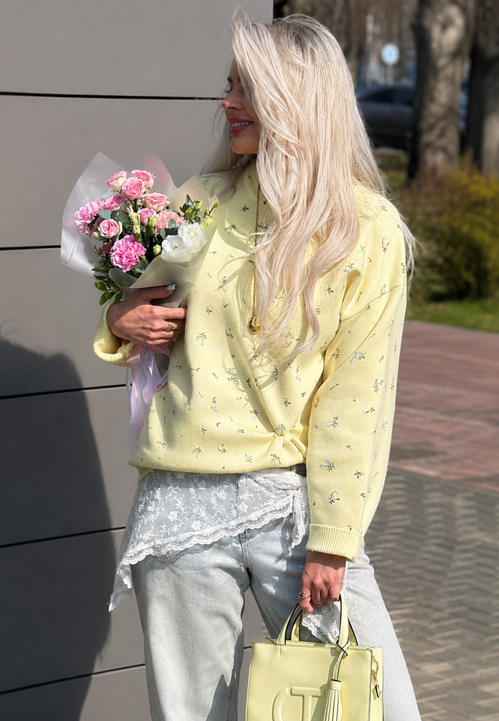 Oversize-Damenpullover mit Blumenmuster, Rundhalsausschnitt und langen Ärmeln – Anouk