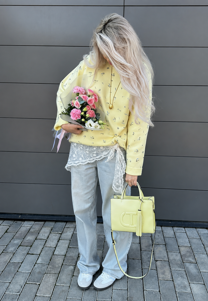 Oversize-Damenpullover mit Blumenmuster, Rundhalsausschnitt und langen Ärmeln – Anouk
