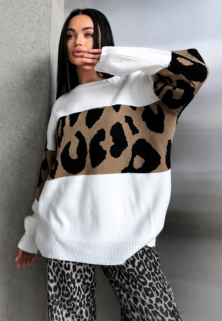 Oversize-Damenpullover mit Leopardenmuster und Farbblöcken – Delphine