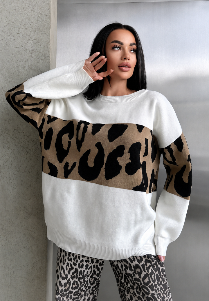 Oversize-Damenpullover mit Leopardenmuster und Farbblöcken – Delphine
