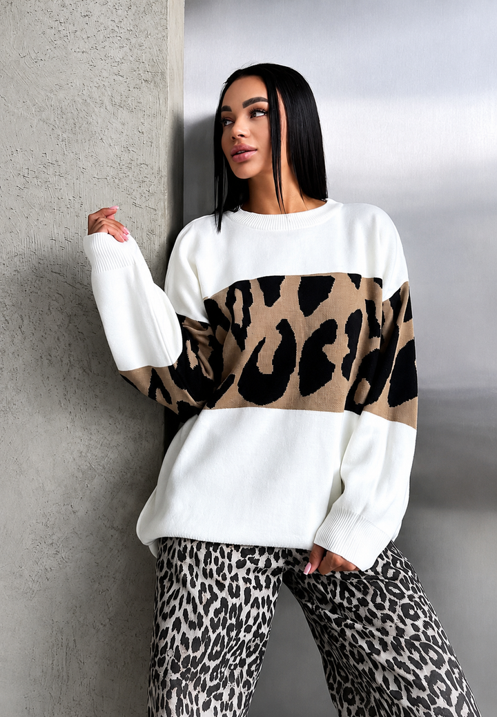Oversize-Damenpullover mit Leopardenmuster und Farbblöcken – Delphine
