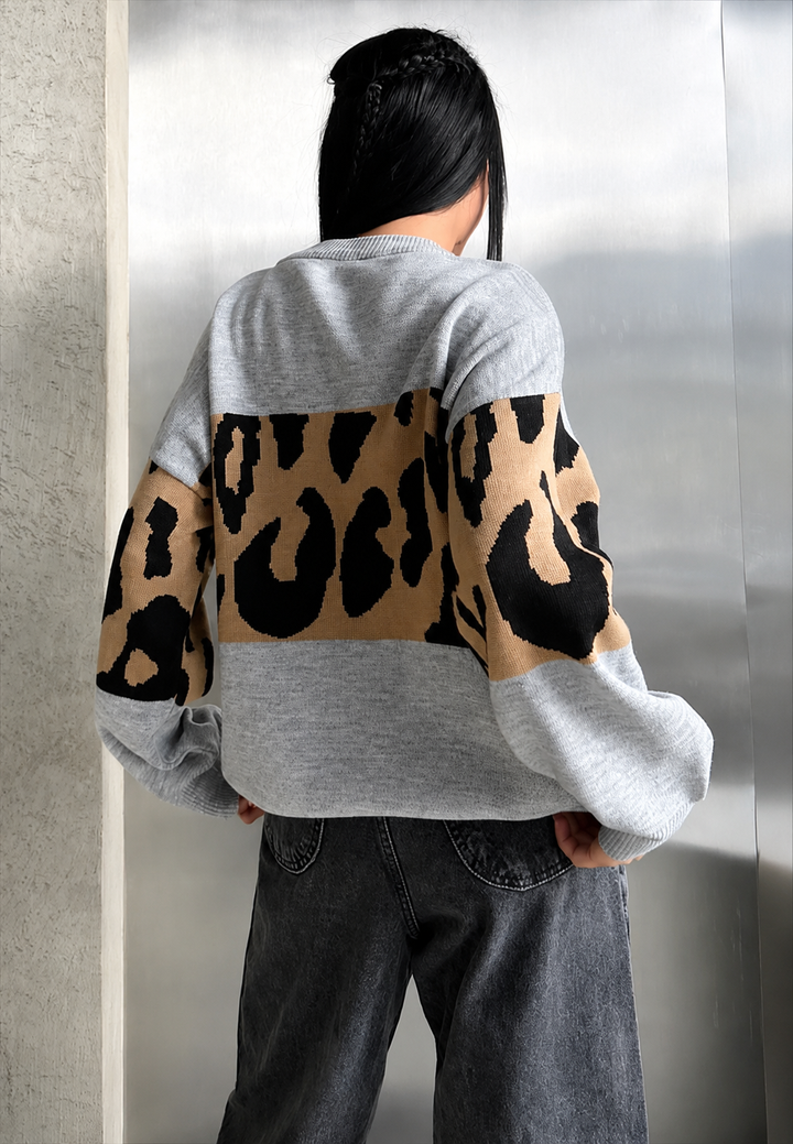 Oversize-Damenpullover mit Leopardenmuster und Farbblöcken – Delphine