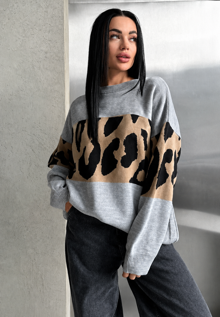 Oversize-Damenpullover mit Leopardenmuster und Farbblöcken – Delphine