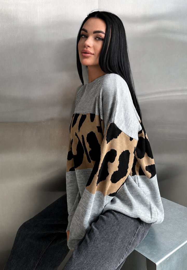 Oversize-Damenpullover mit Leopardenmuster und Farbblöcken – Delphine