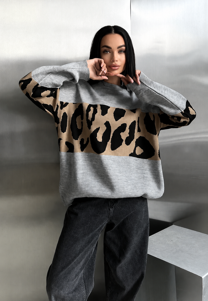 Oversize-Damenpullover mit Leopardenmuster und Farbblöcken – Delphine