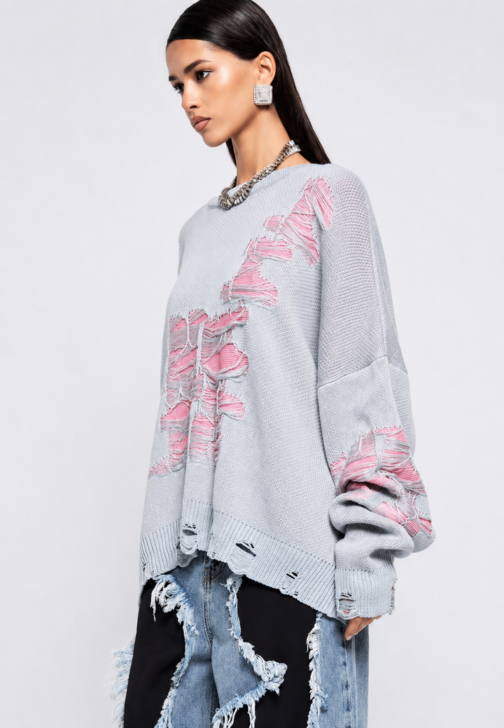Oversize-Strickpullover für Damen mit offenem Strickmuster und dekorativen Rissen – Vianne
