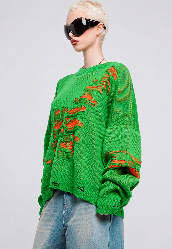 Oversize-Strickpullover für Damen mit offenem Strickmuster und dekorativen Rissen – Vianne