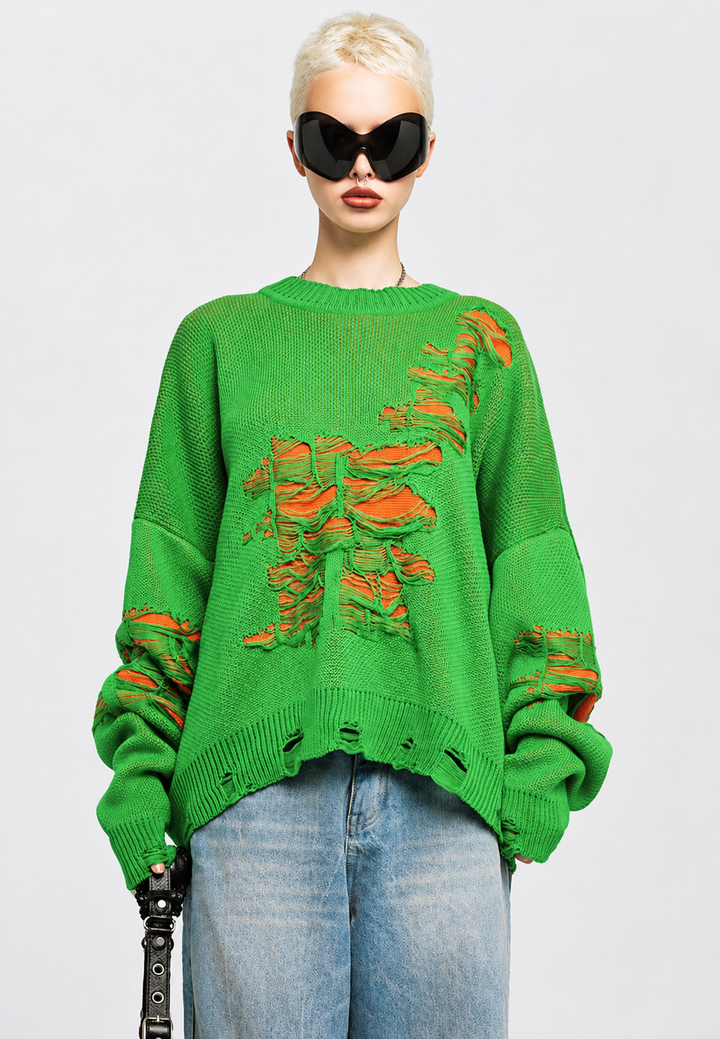 Oversize-Strickpullover für Damen mit offenem Strickmuster und dekorativen Rissen – Vianne