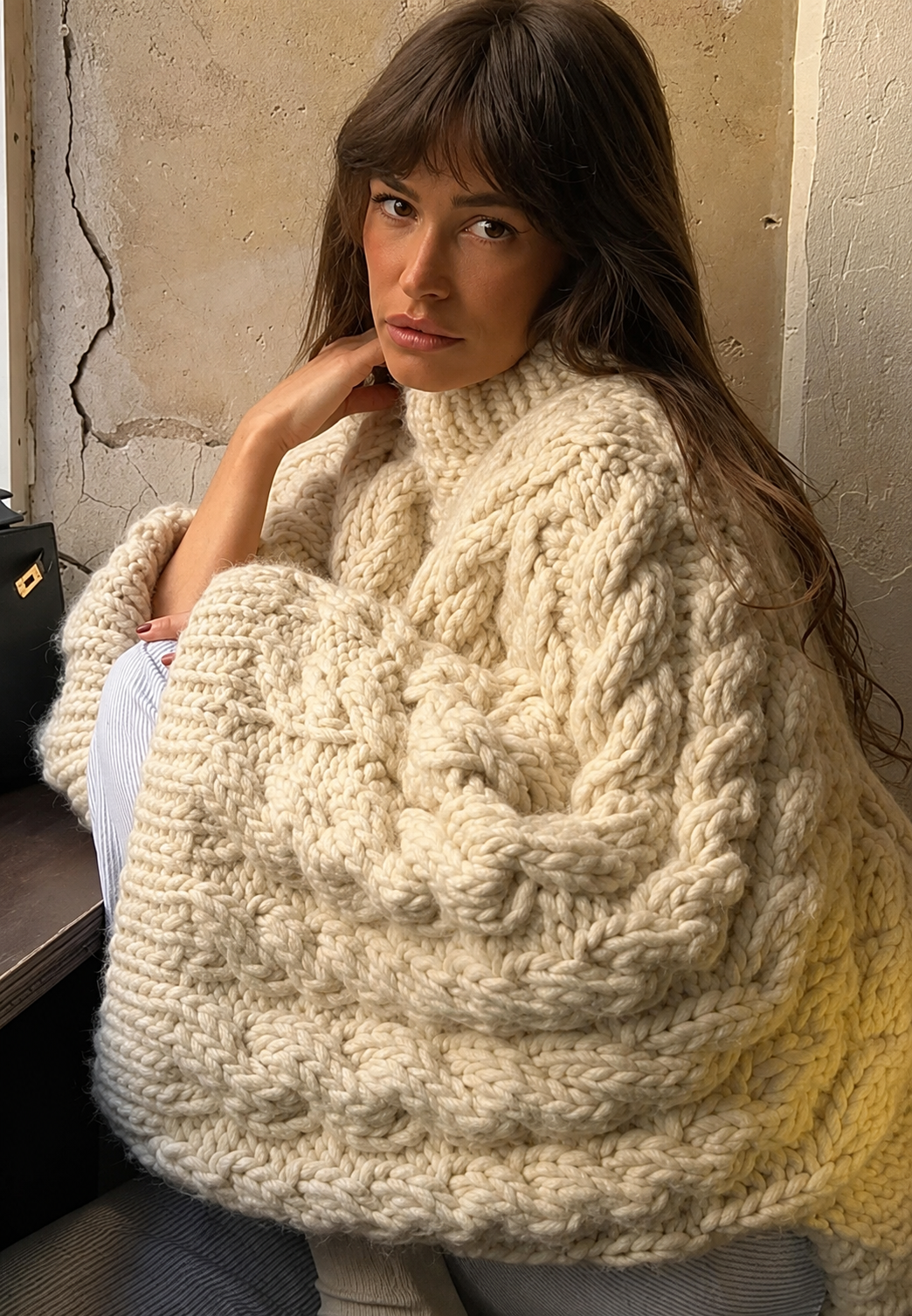 Oversize-Damenpullover mit Zopfmuster, ausgestelltem Ärmel und hohem Kragen – Nerina