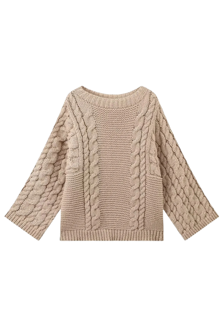 Oversize-Damenpullover mit Zopfmuster, ausgestelltem Ärmel und hohem Kragen – Nerina