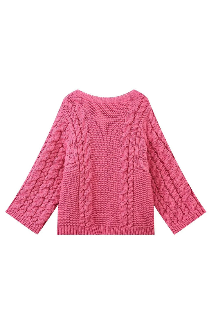 Oversize-Damenpullover mit Zopfmuster, ausgestelltem Ärmel und hohem Kragen – Nerina