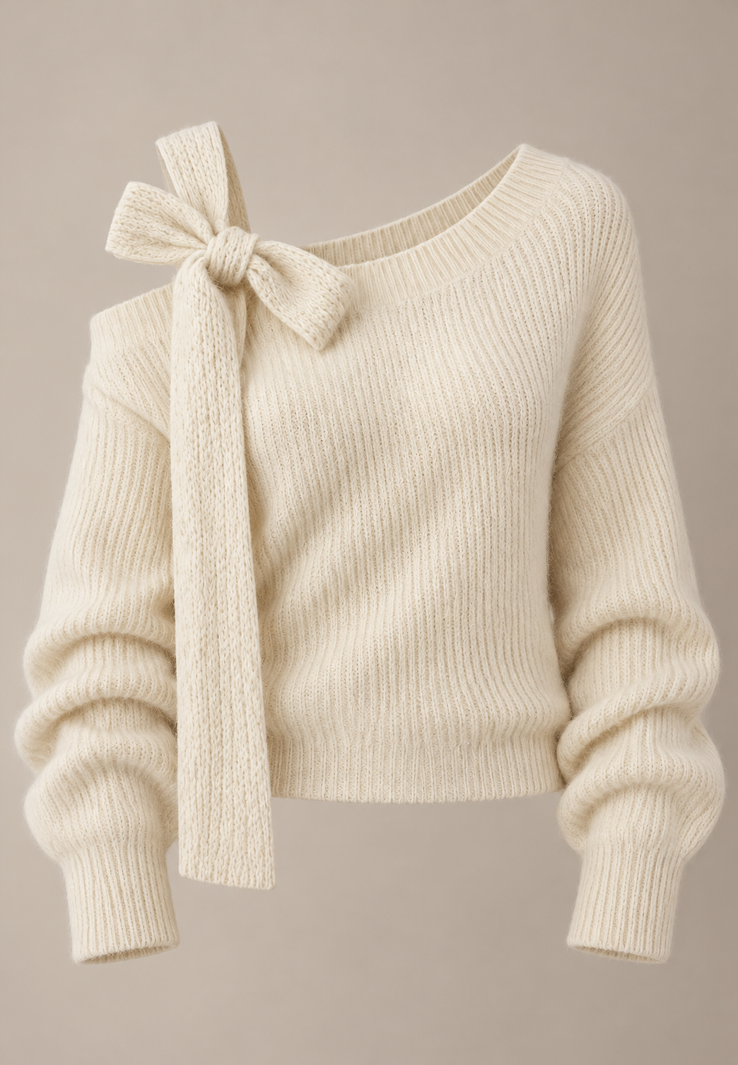 Damen-Rippstrickpullover mit asymmetrischem Ausschnitt, freier Schulter und Schleife - Lisbet