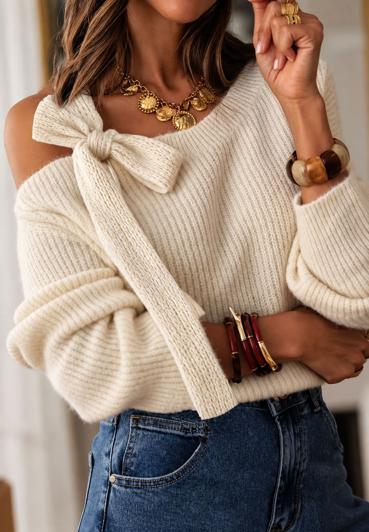 Damen-Rippstrickpullover mit asymmetrischem Ausschnitt, freier Schulter und Schleife - Lisbet
