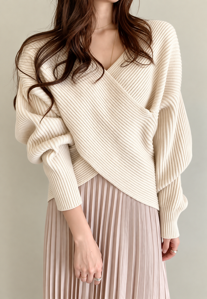 Damen-Rippstrickpullover mit Wickel-V-Ausschnitt und freien Schultern - Mirelda